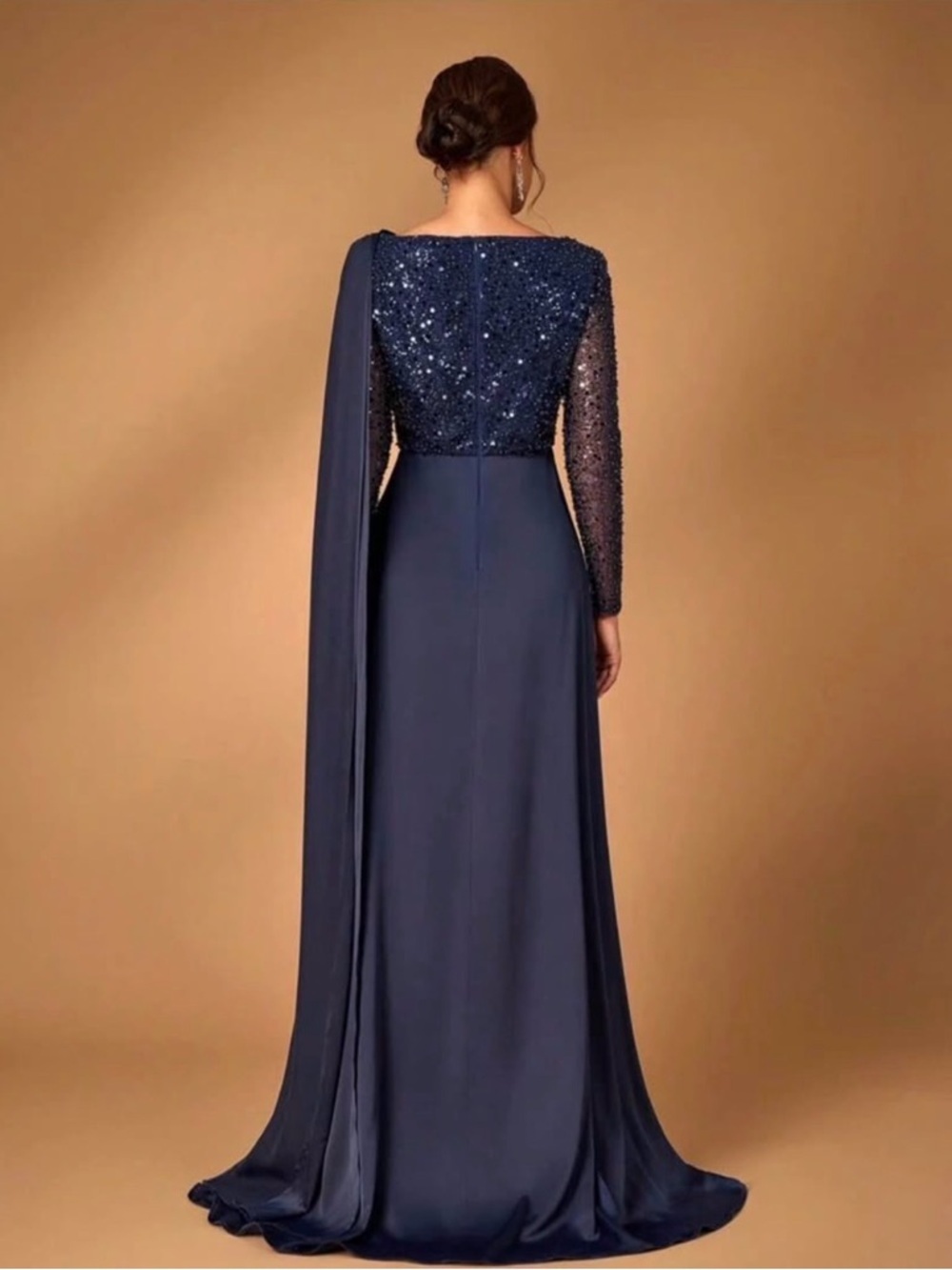Elegant Navy Sequin Evening Dress with Draped Shoulder - Picture 6 of 6